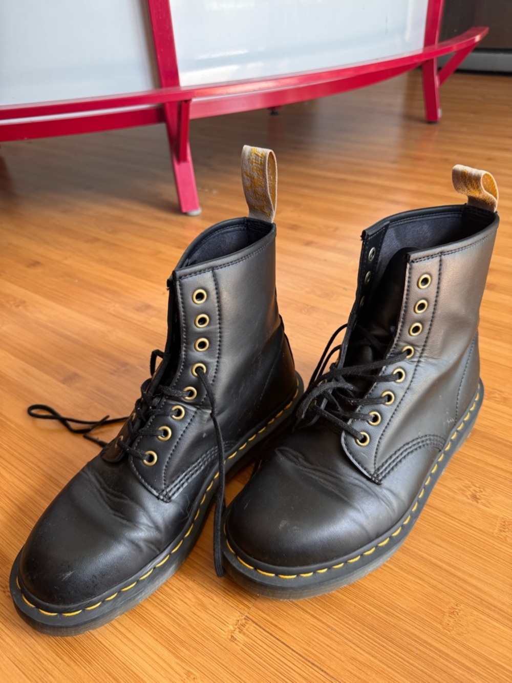 Dr. Martens Black Vegan Leather 8-Eye Lace-Up Boots with Yellow Stitching